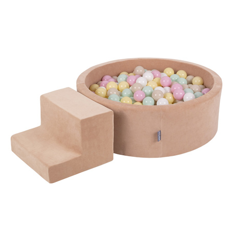 KiddyMoon Aire Velvet De Jeux en Mousse avec Rond Piscine à Balles pour Enfants, rose des sables: beige pastel/jaune pastel/blanc/menthe/rose poudre, Piscine (200 Balles)+ Marches