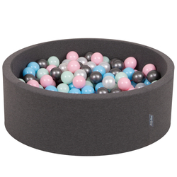 KiddyMoon Piscine à Balles ∅ 7Cm pour Bébé Rond Fabriqué En UE, gris foncé:perle/rose clair/babyblue/menthe/argent, 90x30cm/200 balles