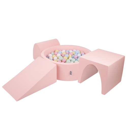 KiddyMoon Aire De Jeux en Mousse avec Rond Piscine à Balles pour Enfants, rose: bleu pastel/jaune pastel/blanc/menthe/rose poudré, Piscine (300 Balles) + Version 2