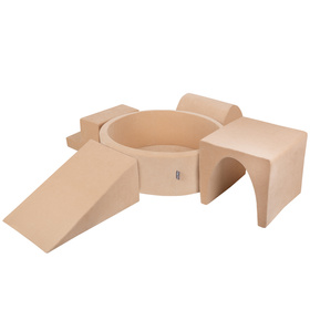 KiddyMoon Aire Velvet De Jeux en Mousse avec Rond Piscine à Balles pour Enfants, beige sableux: beige pastel/jaune pastel/blanc/menthe/rose poudré, Piscine (300 Balles) + Version 3