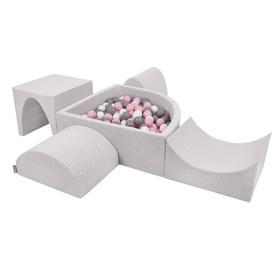 KiddyMoon Aire De Jeux en Mousse avec Quart Angulaire Piscine À Balles pour Bébé, gris clair: blanc/gris/rose poudré, Piscine (300 Balles) + Version 1