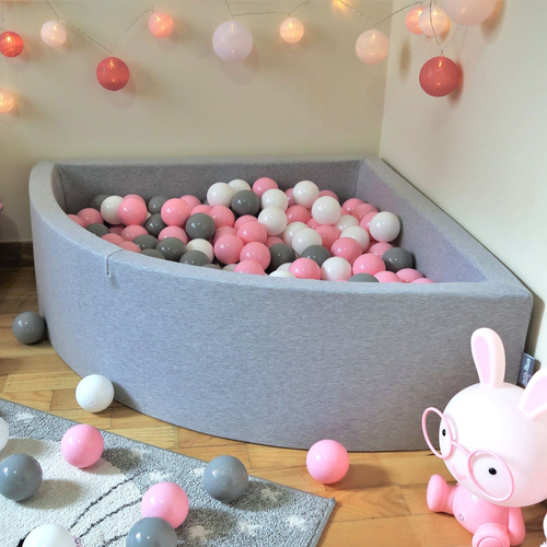 KiddyMoon Piscine à Balles ∅ 7Cm pour Bébé Quart Angulaire Fabriqué En UE, gris clair: blanc/gris/rose poudré, 90x30cm/200 Balles