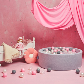 KiddyMoon Piscine à Balles ∅ 7Cm pour Bébé Rond Fabriqué En UE, gris clair:perle/gris/transparent/rose poudré, 90x30cm/300 balles