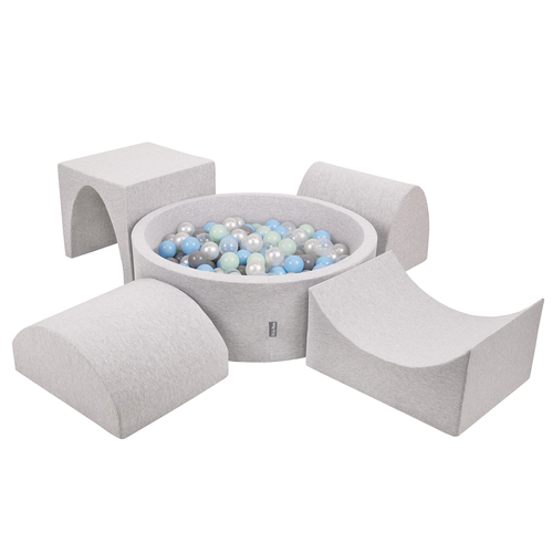 KiddyMoon Aire De Jeux en Mousse avec Rond Piscine à Balles pour Enfants, gris clair: perle/gris/transparent/babyblue/menthe, Piscine (300 Balles) + Version 1