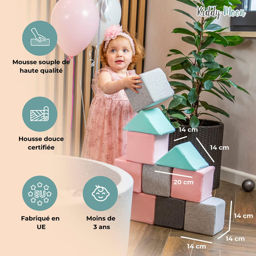 KiddyMoon blocs mous pour bébé cubes de construction en mousse housse velours, cubes: vert forêt-rose de sables-gris de montagnes, 6 Pieces