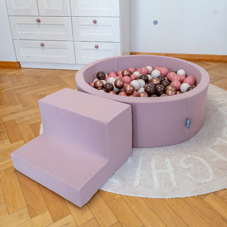 KiddyMoon Aire De Jeux en Mousse avec Rond Piscine à Balles pour Enfants, bruyère: beige pastel/rose poudré/perle, Piscine (100 Balles) + Marches
