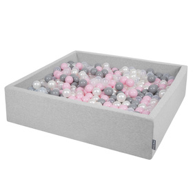 KiddyMoon Piscine À Balles Grande Carré pour Bébé, Fabriqué en UE, gris clair:perle-gris-transparent-rose poudré, 120x30cm/1000 balles