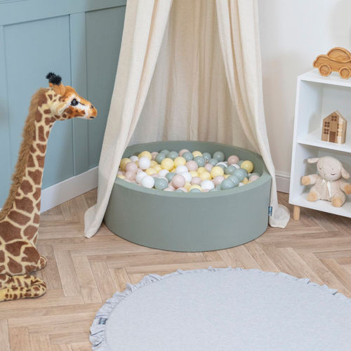 KiddyMoon Piscine À Balles ∅ 7Cm pour Bébé Rond Fabriqué en UE, sauge : beige pastel/vert de gris/jaune pastel/blanc, 90x30cm/300 Balles