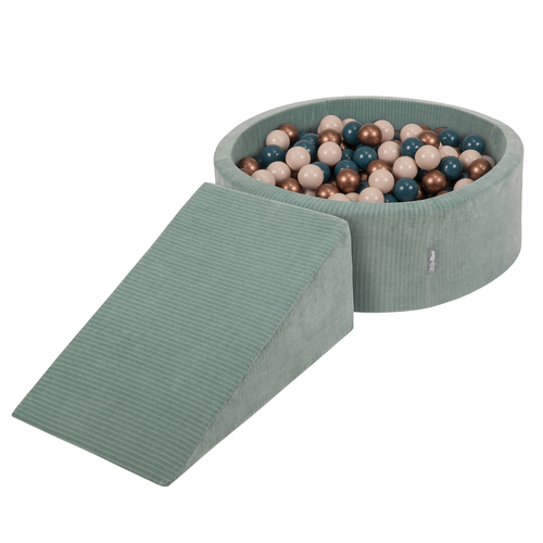 KiddyMoon Parcours Motricité En Mousse Avec Balles Enfants Favorise Créativité, Vert : turquoise foncé/beige pastel/cuivre, Piscine (200 Balles) + Pente