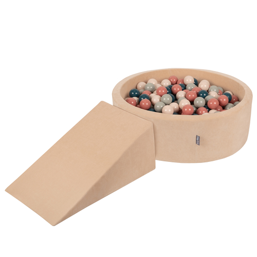 KiddyMoon Aire Velvet De Jeux en Mousse avec Rond Piscine à Balles pour Enfants, beige sableux: turquoise foncé/beige pastel/vert-gris/saumon, Piscine (200 Balles) + Pente