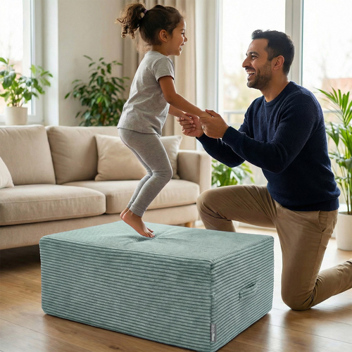 KiddyMoon Coussin Sauteur Enfant Mini Trampoline Interieur Rembourrage A Ressorts Housse Amovible En Tissu Cotele Deux Poignees Des 3 Ans, Vert, Mini Trampoline