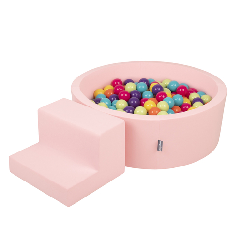 KiddyMoon Aire De Jeux en Mousse avec Rond Piscine à Balles pour Enfants, rose:vert clair/jaune/turq/orange/r.foncé/violet, Piscine (200 Balles)+ Marches