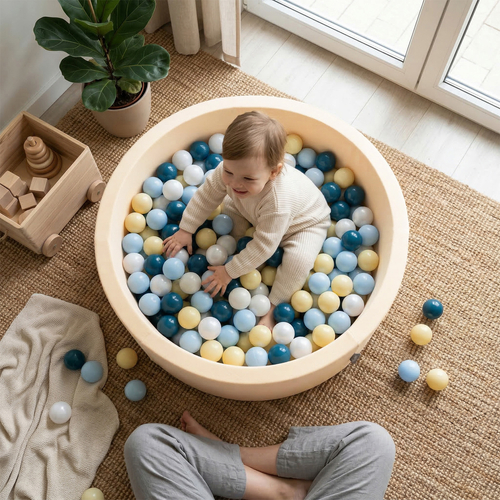 KiddyMoon Piscine À Balles ∅ 7Cm pour Bébé Rond Fabriqué en UE, beurré: vert-gris/jaune pastel/brun/blanc, 90x30cm/300 Balles