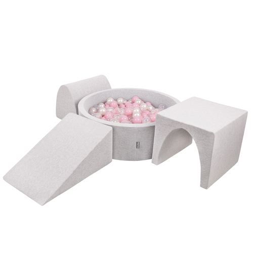 KiddyMoon Aire De Jeux en Mousse avec Rond Piscine à Balles pour Enfants, gris clair: rose poudré/perle/transparent, Piscine (200 Balles) + Version 2