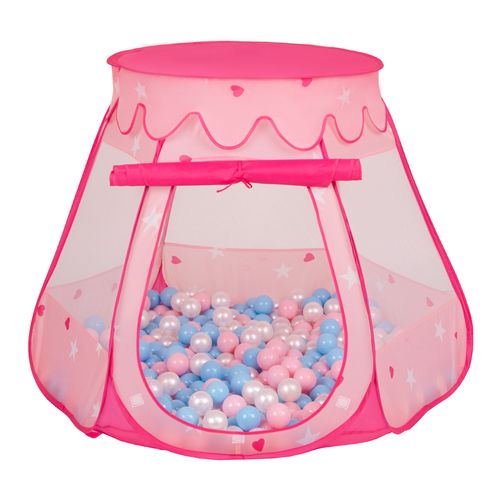 Tente Château Pour Enfants Tente de Jeu Avec Balles Colorées Jouet Cabane Pop-up Château Facile À Monter Maison de Jeu Pour Intérieur et Extérieur, rose: babyblue-rose poudré-perle, 105x90cm/300 balles