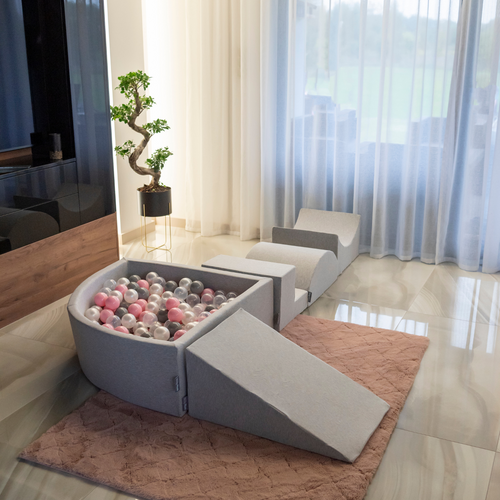 KiddyMoon Piscine à Balles ∅ 7Cm pour Bébé Quart Angulaire Fabriqué En UE, gris clair: perle/gris/transparent/rose poudré, 90x30cm/200 balles