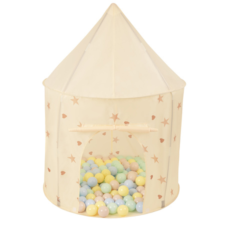 Tente de Jeu Pour Enfants Château Maison de Jeu En Forme De Pavillon De Jeu Avec Balles Pliable Tente Pop-Up Enfant Motifs D'Étoiles Et De Cœurs, beige clair: beige pastel/bleu pastel/jaune pastel/menthe, 200 balles