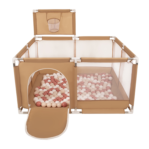 parc bébé avec balles plastiques aire de jeu pliable basket, beige : beige pastel/saumon/blanc, 200 balles