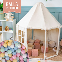 KiddyMoon Tente de Jeu Maison Pour Enfants En Forme De Pavillon De Jeu Pliable Tente Pop-Up Espace De Jeu Spacieux Et Confortable En Intérieur Et Extérieur, naturel:bleu pastel/jaune pastel/blanc/menthe/rose poudré, 200 Balles