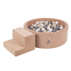 KiddyMoon Aire Velvet De Jeux en Mousse avec Rond Piscine à Balles pour Enfants, rose des sables: pastel beige/gris/blanc, Piscine (100 Balles) + Marches