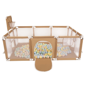 Parc Bébé avec Balles Plastiques Aire De Jeu Pliable Basket Football, beige : beige pastel/bleu pastel/jaune pastel/menthe, 200 balles