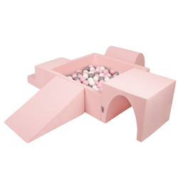 KiddyMoon Aire De Jeux en Mousse avec Carré Piscine À Balles pour Enfants, rose:blanc/gris/rose poudré, Piscine (200 Balles) + Version 3