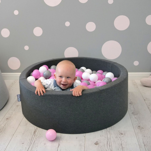 KiddyMoon Piscine à Balles ∅ 7Cm pour Bébé Rond Fabriqué En UE, gris foncé: gris/blanc/rose, 90x30cm/300 Balles