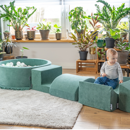 KiddyMoon Aire Velvet De Jeux en Mousse avec Rond Piscine à Balles pour Enfants, vert forêt: turquoise foncé/beige pastel/gris de vert/saumon