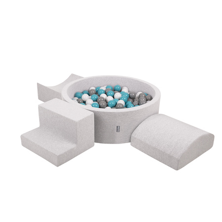 KiddyMoon Aire De Jeux en Mousse avec Rond Piscine à Balles pour Enfants, gris clair: gris/blanc/turquoise, Piscine (200 Balles) + Version 6