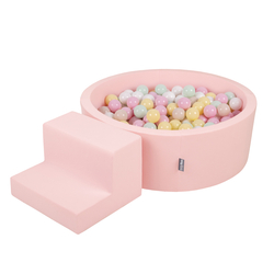 KiddyMoon Aire De Jeux en Mousse avec Rond Piscine à Balles pour Enfants, rose: beige pastel/jaune pastel/blanc/menthe/rose poudré, Piscine (100 Balles) + Marches