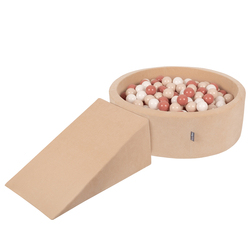 KiddyMoon Aire Velvet De Jeux en Mousse avec Rond Piscine à Balles pour Enfants, beige sableux: beige pastel/saumon/blanc, Piscine (100 Balles)+ Pente