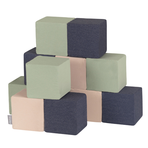 KiddyMoon blocs mous pour bébé cubes de construction en mousse, cubes: bleu foncé/beige/sage, 12 Pieces