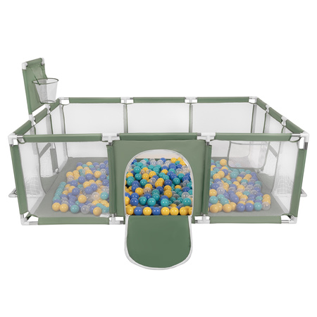 Parc Bébé avec Balles Plastiques Aire De Jeu Pliable Basket Football, vert : turquoise/bleu/jaune/transparent, 900 balles