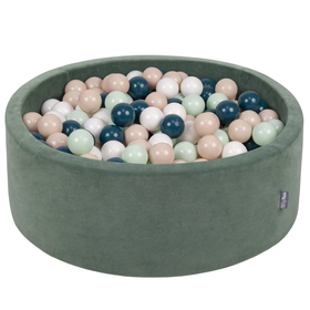 KiddyMoon Velours Piscine à Balles ∅7Cm pour Bébé Rond Fabriqué en EU, vert forêt: turquoise foncé/beige pastel/blanc/menthe, 90x30cm/200 balles