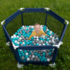 parc bébé hexagonal pliable avec balles plastiques, Bleu:girs/blanc/turquoise, 100 balles