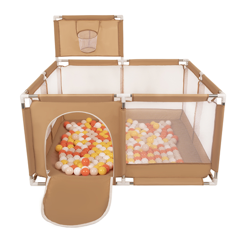 parc bébé avec balles plastiques aire de jeu pliable basket, beige : jaune/orange/beige pastel/blanc, 200 balles