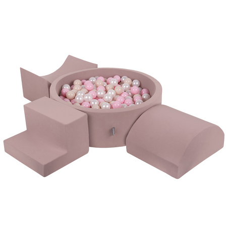 KiddyMoon Aire De Jeux en Mousse avec Rond Piscine à Balles pour Enfants, bruyère: beige pastel/rose poudré/perle, Piscine (300 Balles) + Version 6