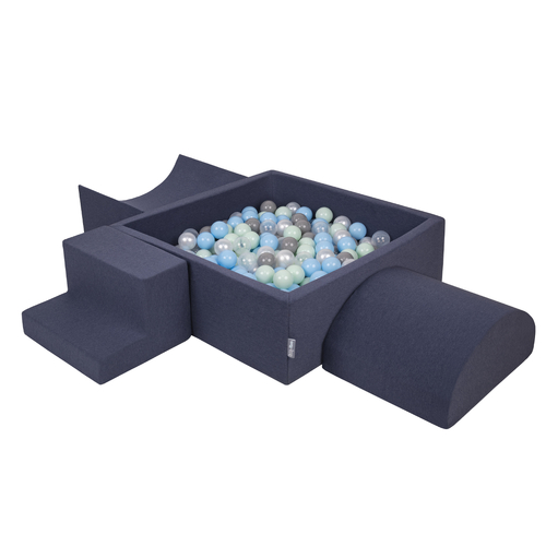 KiddyMoon Aire De Jeux en Mousse avec Carré Piscine À Balles pour Enfants, bleu foncé:perle/gris/transparent/babyblue/menthe, Piscine (200 Balles) + Version 6