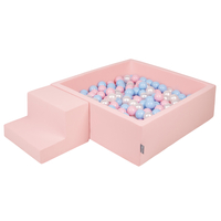 KiddyMoon Aire De Jeux en Mousse avec Carré Piscine À Balles pour Enfants, rose:babyblue/rose poudre/perle, Piscine (200 Balles)+ Marches