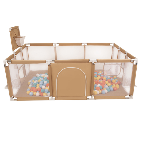 Parc Bébé avec Balles Plastiques Aire De Jeu Pliable Basket Football, beige : blanc/jaune/orange/babyblue/turquoise, 200 balles