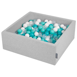 KiddyMoon Piscine à Balles ∅ 7Cm pour Bébé Carré Fabriqué En UE, gris clair:turquoise clair/blanc/transparent/turq., 90x30cm/200 balles