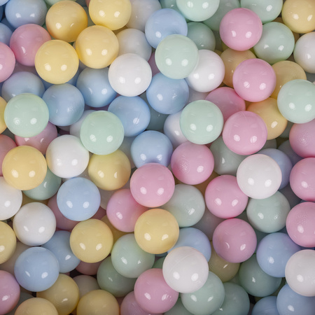 KiddyMoon Balles Colorées Plastique ∅7cm pour Piscine Enfant Bébé Fabriqué en EU, bleu pastel/jaune pastel/blanc/menthe/rose poudré, 100 Balles/7cm