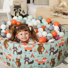 KiddyMoon Piscine à Balles ∅ 7Cm pour Bébé Rond Fabriqué En UE, renard-vert:orange/menthe/gris/blanc, 90x30cm/200 balles