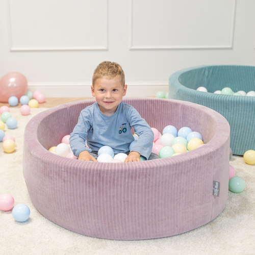 KiddyMoon Piscine À Balles pour Enfants Mousse Côtelé Pour Motricité Bébé, Violet : bleu pastel/jaune pastel/blanc/menthe/rose poudré, 90x30cm/300 Balles