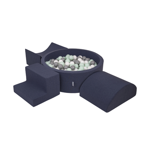 KiddyMoon Aire De Jeux en Mousse avec Rond Piscine à Balles pour Enfants, bleu foncé:blanc/gris/menthe, Piscine (300 Balles) + Version 6