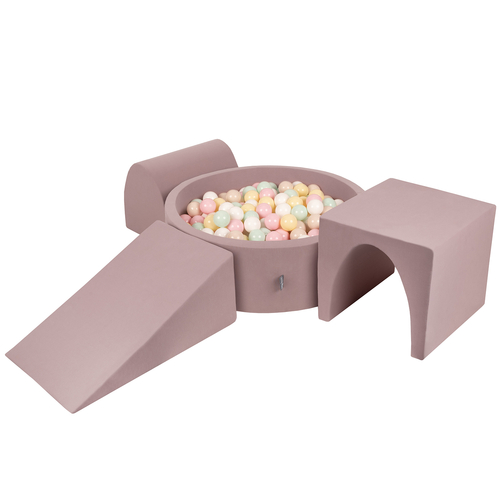 KiddyMoon Aire De Jeux en Mousse avec Rond Piscine à Balles pour Enfants, bruyère: beige pastel/jaune pastel/blanc/menthe/rose poudré, Piscine (200 Balles) + Version 2