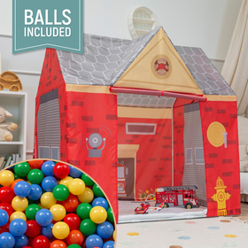 Tente De Jeu Pompier pour Enfants Forme De Pavillon Pour Bébés Design Pliable Tente Pop-Up Réaliste Inspiré Utilisation Intérieure Et Extérieure, rouge-gris: jaune/vert/bleu/rouge/orange, 100 Balles