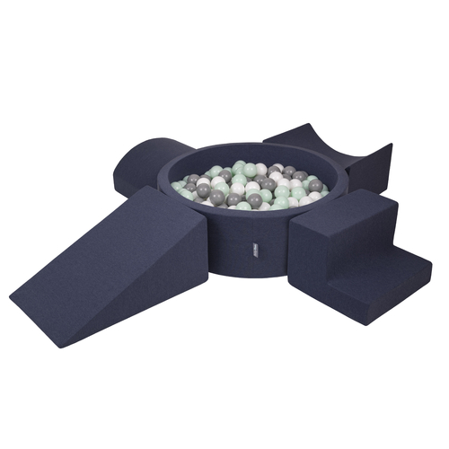 KiddyMoon Aire De Jeux en Mousse avec Rond Piscine à Balles pour Enfants, bleu foncé:blanc/gris/menthe, Piscine (300 Balles) + Version 5