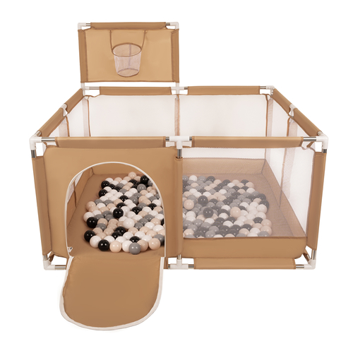 parc bébé avec balles plastiques aire de jeu pliable basket, beige : beige pastel/gris/blanc/noir, 400 balles