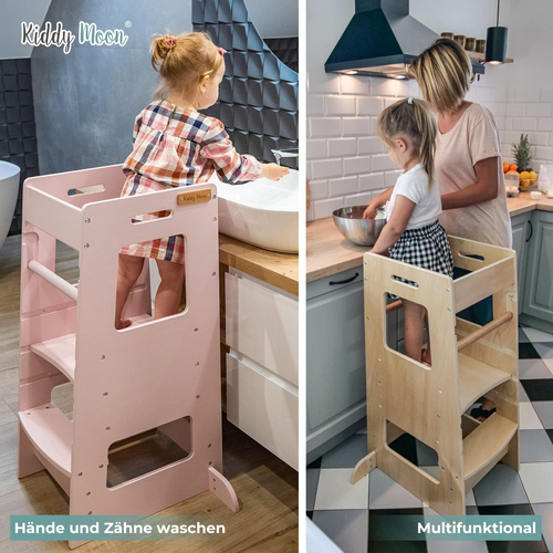 KiddyMoon Tour D'Apprentissage/D'Observation Montessori pour Enfant en Bois 3 Hauteurs Réglables Pieds Anti-Bascule, Blanc, 91,5x39,3x49,4